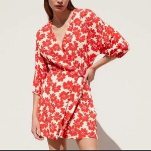 NWT Zara Red and White Floral Dolman Faux Wrap Mini Dress